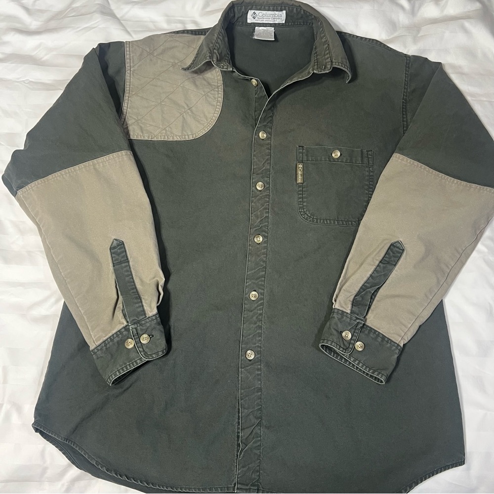 VTG Columbia Shooting Shirt w/ Elbow & Chest Patches Men's L Cotton Canvas *READ